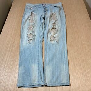 Sizzle Jeans Womens 15 Light Wash Distressed Floral Patchwork Straight Leg Denim